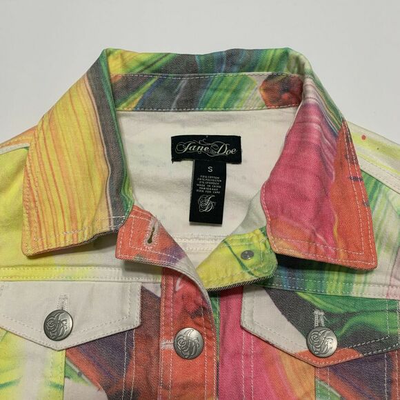 Jane Doe Cropped Denim Jean Jacket Small Womens Multicolor Abstract Button Front - Picture 9 of 9